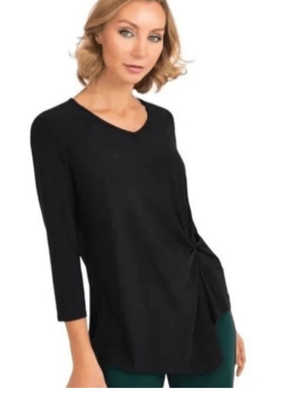 Joseph Ribkoff Blouse Women 16 Black Knot-Front Asymmetric 3/4 Sleeve - Picture 9 of 9